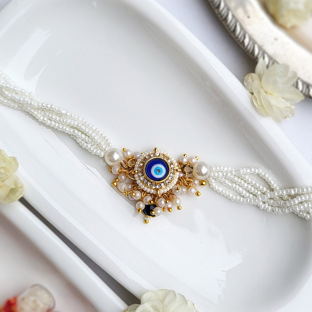 Handcrafted Evil Eye Pearl Bhaiya Bhabhi Rakhi With Roli Chawal | Set of 2