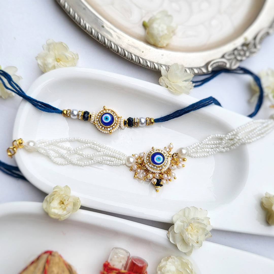 Handcrafted Evil Eye Pearl Bhaiya Bhabhi Rakhi With Roli Chawal | Set of 2