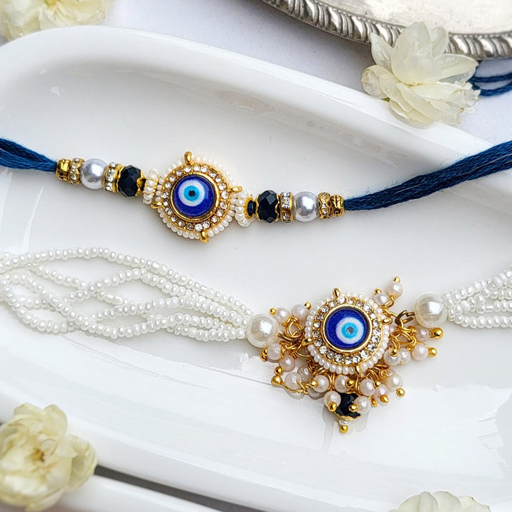 Handcrafted Evil Eye Pearl Bhaiya Bhabhi Rakhi With Roli Chawal | Set of 2