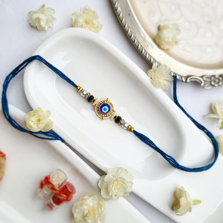 Handcrafted Evil Eye Pearl Bhaiya Bhabhi Rakhi With Roli Chawal | Set of 2