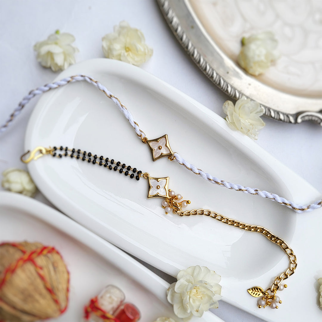 Handcrafted Brass Four Petal Flower Bhaiya Bhabhi Rakhi With Roli Chawal | Set of 2