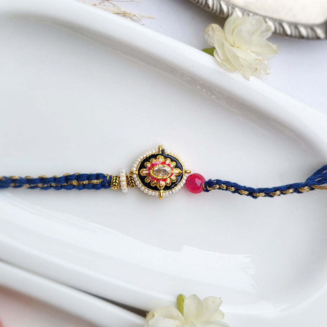 Handcrafted Jadau Blue Bird Bhaiya Bhabhi Rakhi With Roli Chawal | Set of 2