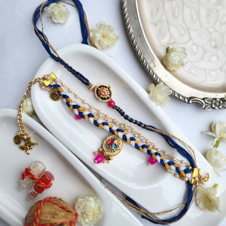 Handcrafted Jadau Blue Bird Bhaiya Bhabhi Rakhi With Roli Chawal | Set of 2