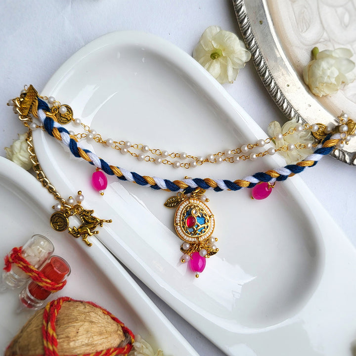 Handcrafted Jadau Blue Bird Bhaiya Bhabhi Rakhi With Roli Chawal | Set of 2