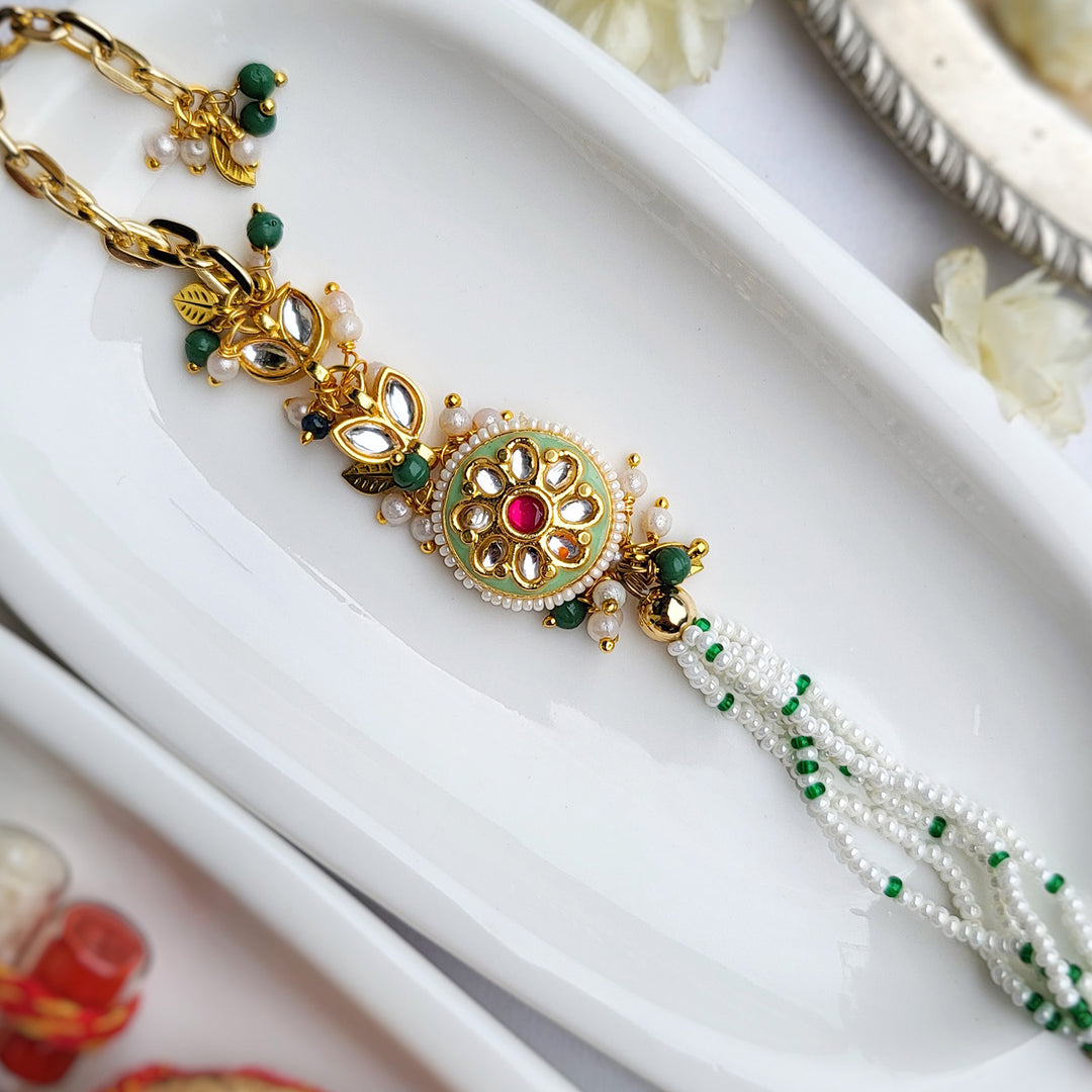 Handcrafted Jadau Mint Green Bhaiya Bhabhi Rakhi With Roli Chawal | Set of 2