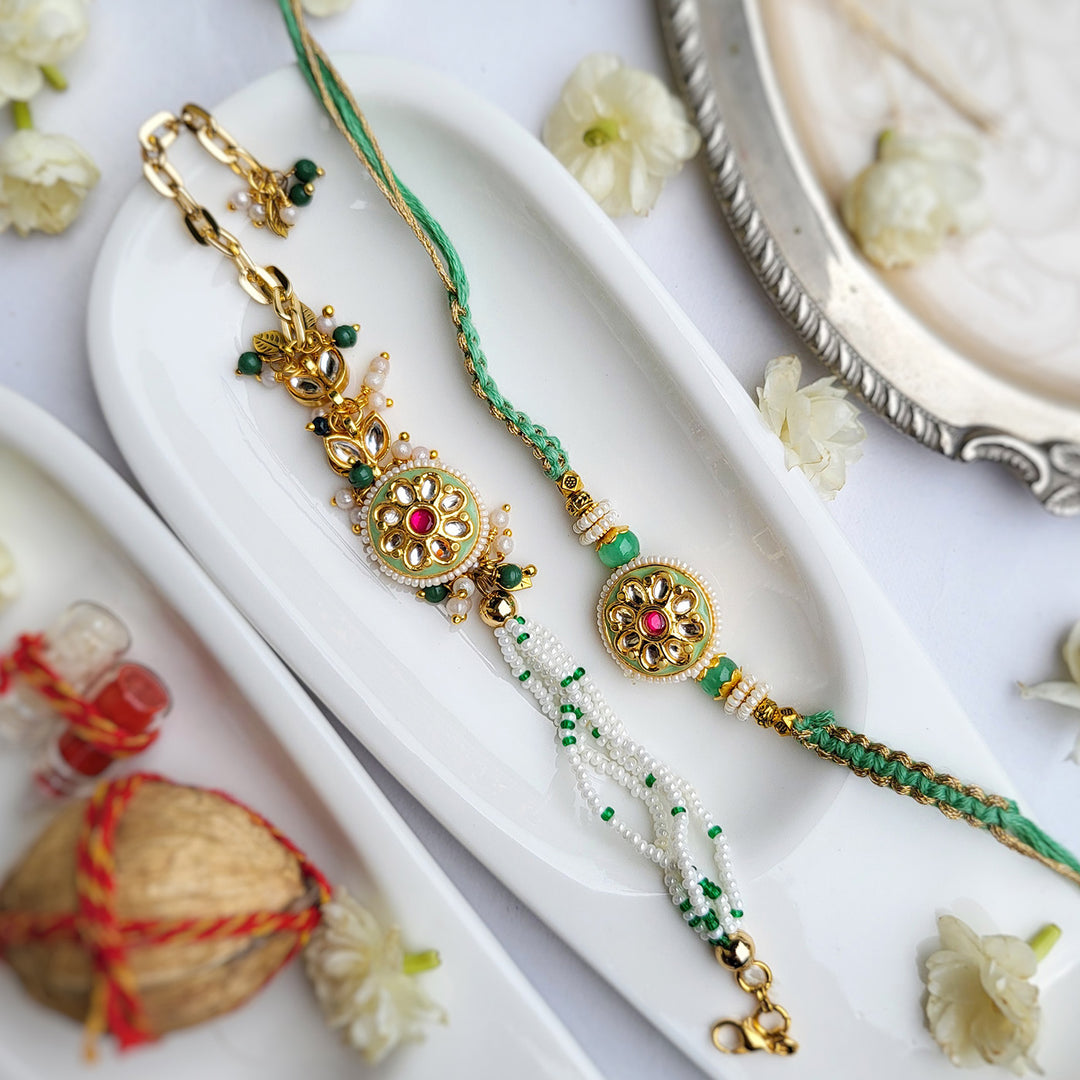 Handcrafted Jadau Mint Green Bhaiya Bhabhi Rakhi With Roli Chawal | Set of 2