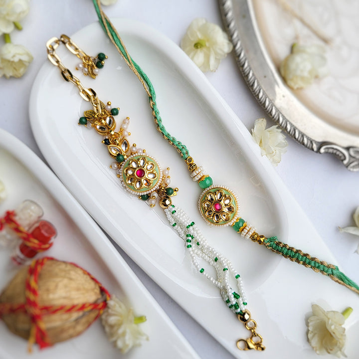 Handcrafted Jadau Mint Green Bhaiya Bhabhi Rakhi With Roli Chawal | Set of 2
