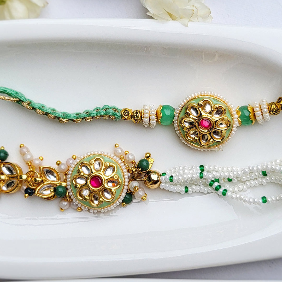 Handcrafted Jadau Mint Green Bhaiya Bhabhi Rakhi With Roli Chawal | Set of 2
