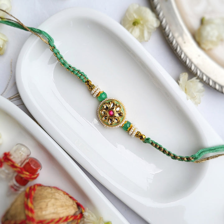 Handcrafted Jadau Mint Green Bhaiya Bhabhi Rakhi With Roli Chawal | Set of 2