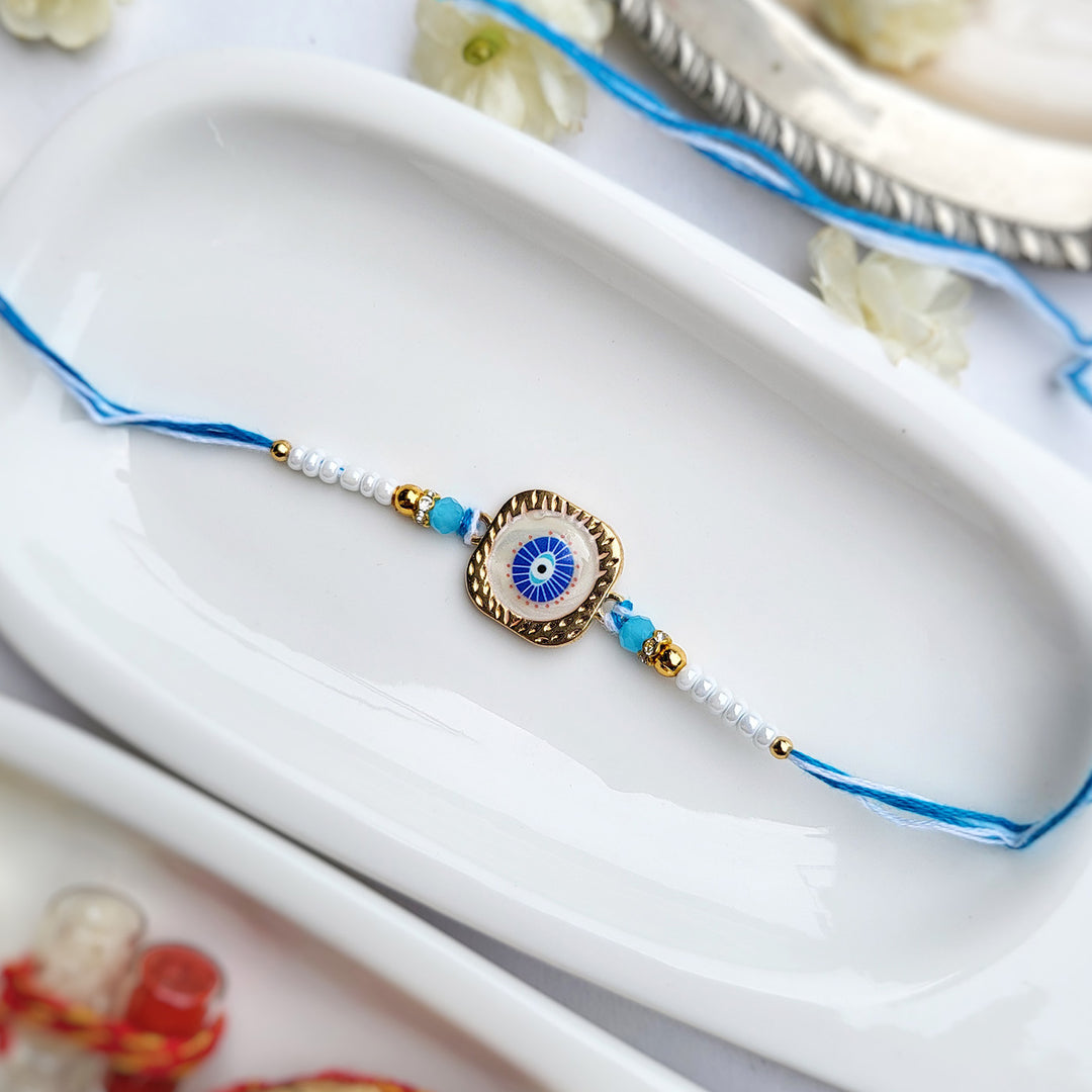Handcrafted Nazar Na Lage Evil Eye Charm Rakhi With Roli Chawal For Brother