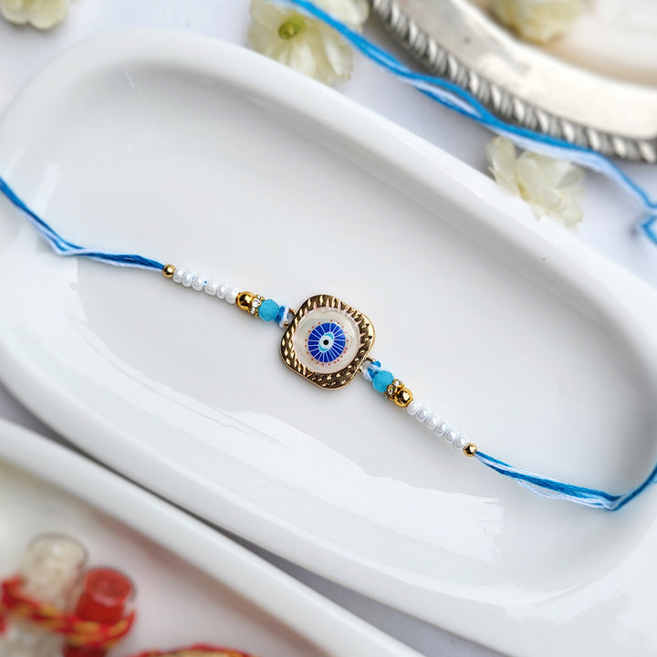 Handcrafted Nazar Na Lage Evil Eye Charm Rakhi With Roli Chawal For Brother