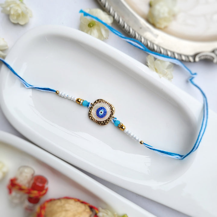 Handcrafted Nazar Na Lage Evil Eye Charm Rakhi With Roli Chawal For Brother