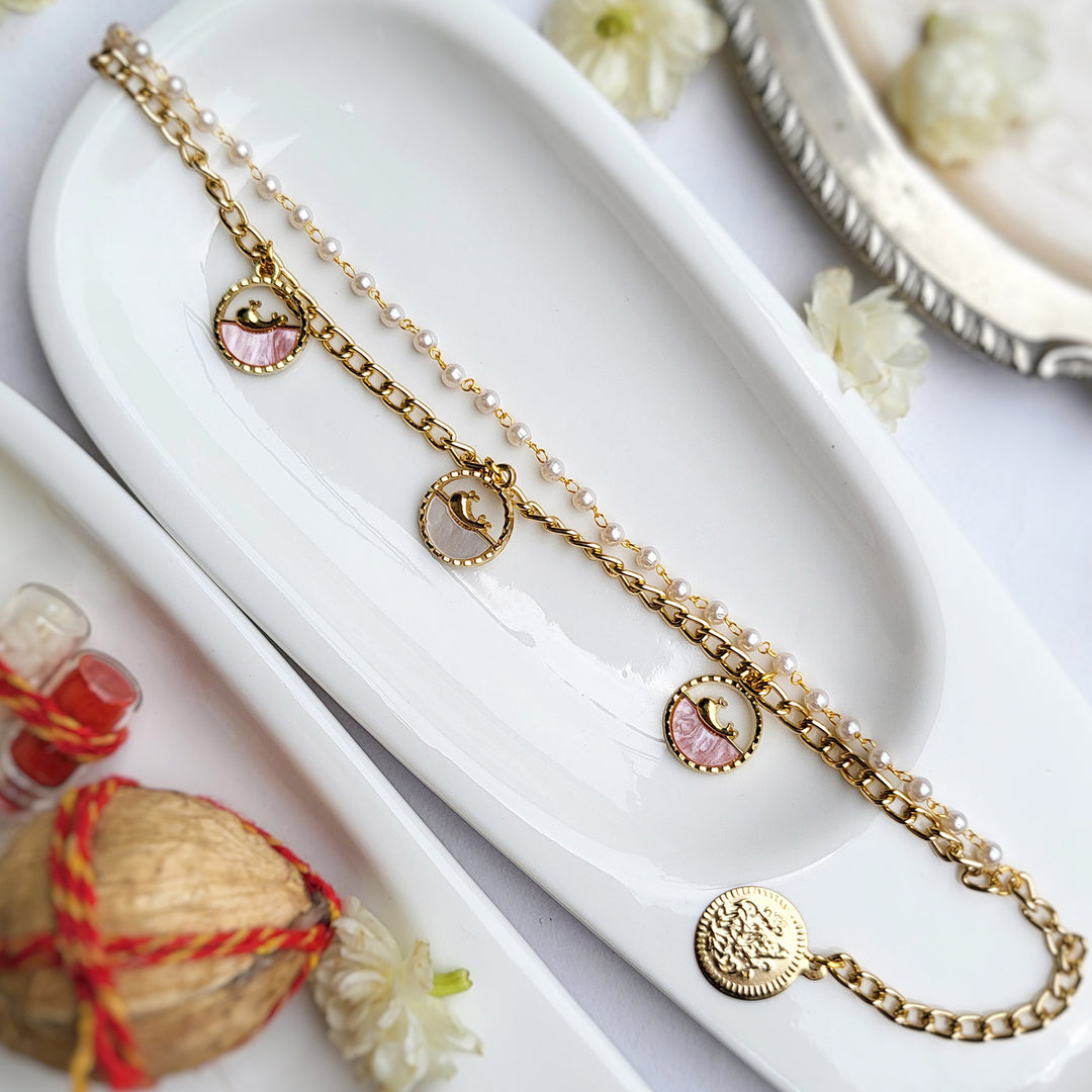 Handcrafted Dolphin Charm Rakhi Bracelet With Roli Chawal For Sister