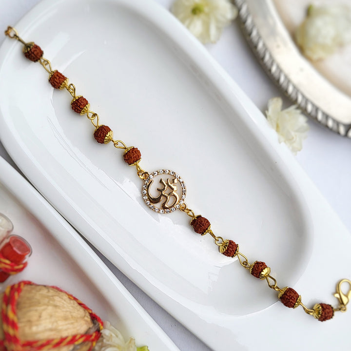 Handcrafted Laser-Cut Brass Om Rudraksha Rakhi For Brother