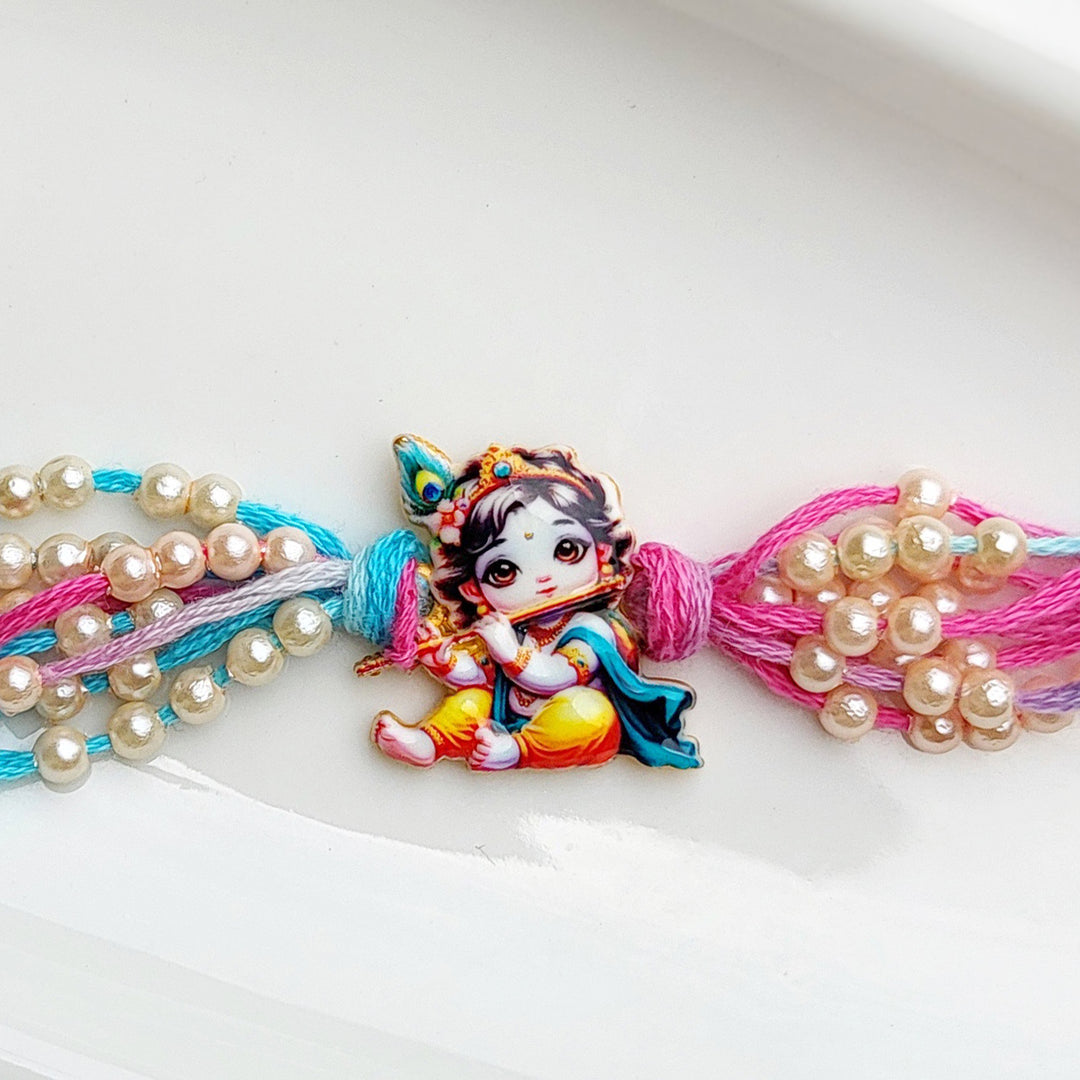 Handpainted Laddu Gopal Metal Rakhi With Roli Chawal For Kids