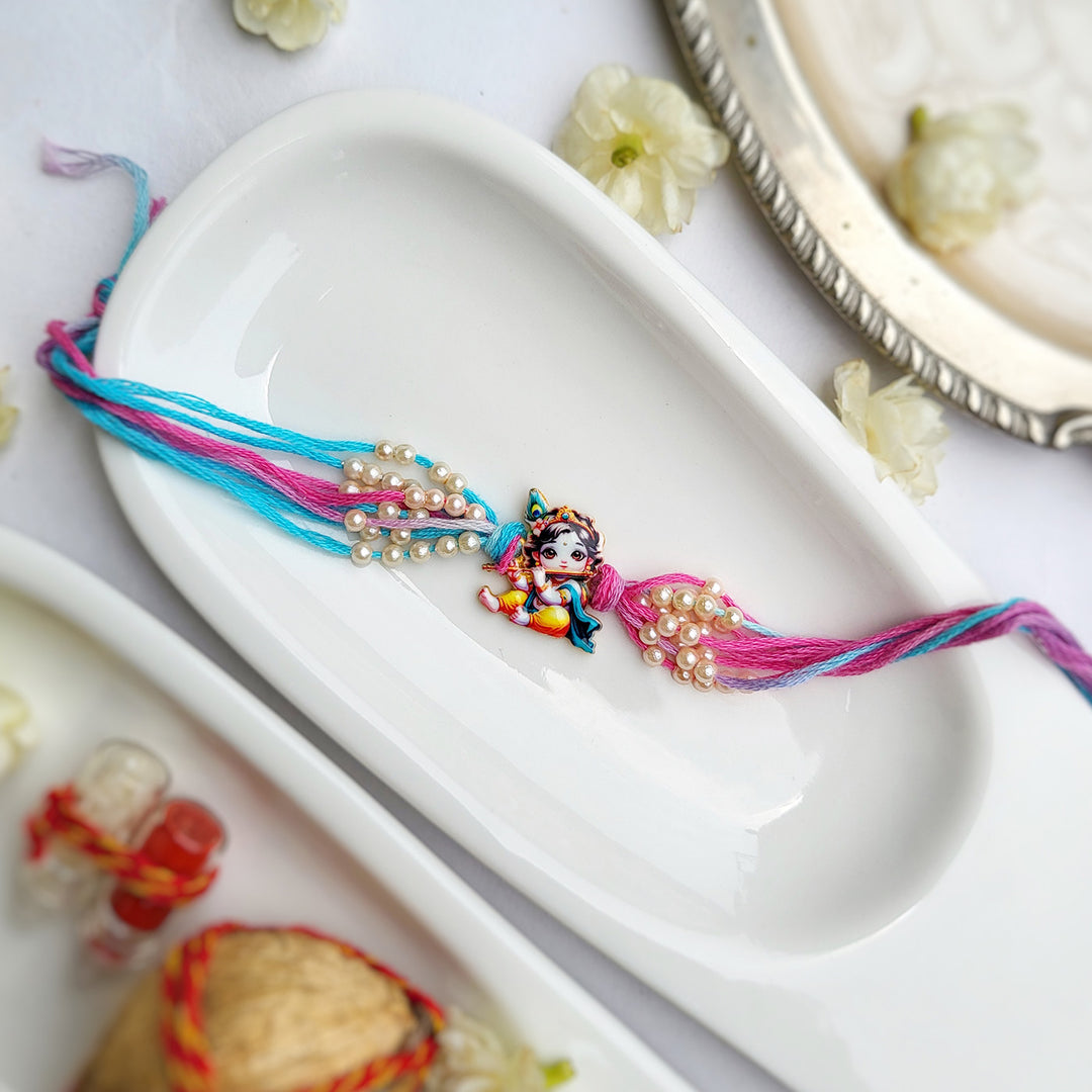 Handpainted Laddu Gopal Metal Rakhi With Roli Chawal For Kids