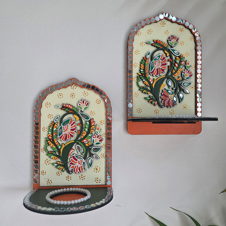 Set of 2 | Floral Motif MDF Jharokha Wall Hanging Tealight Holders For Festive Decor