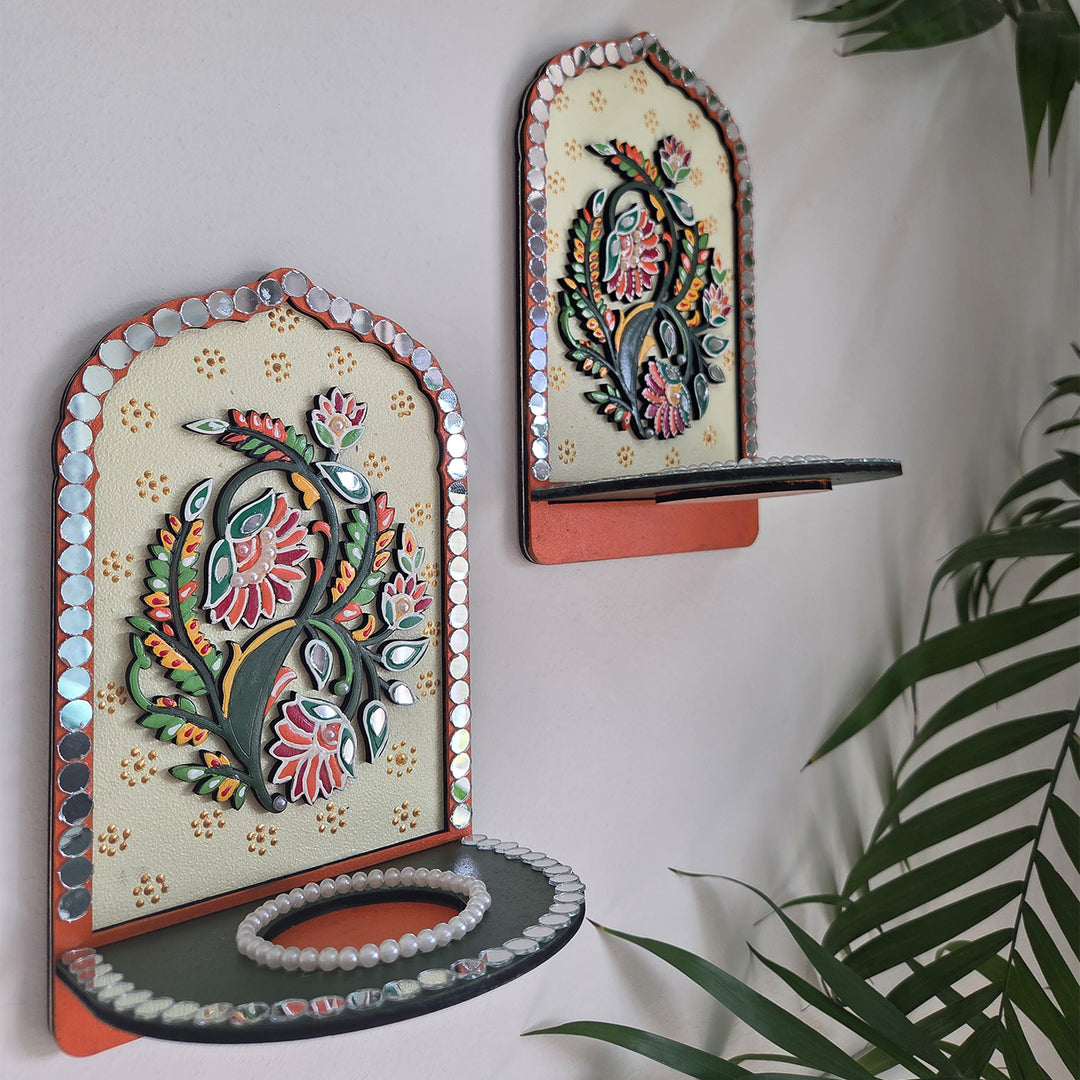 Set of 2 | Floral Motif MDF Jharokha Wall Hanging Tealight Holders For Festive Decor