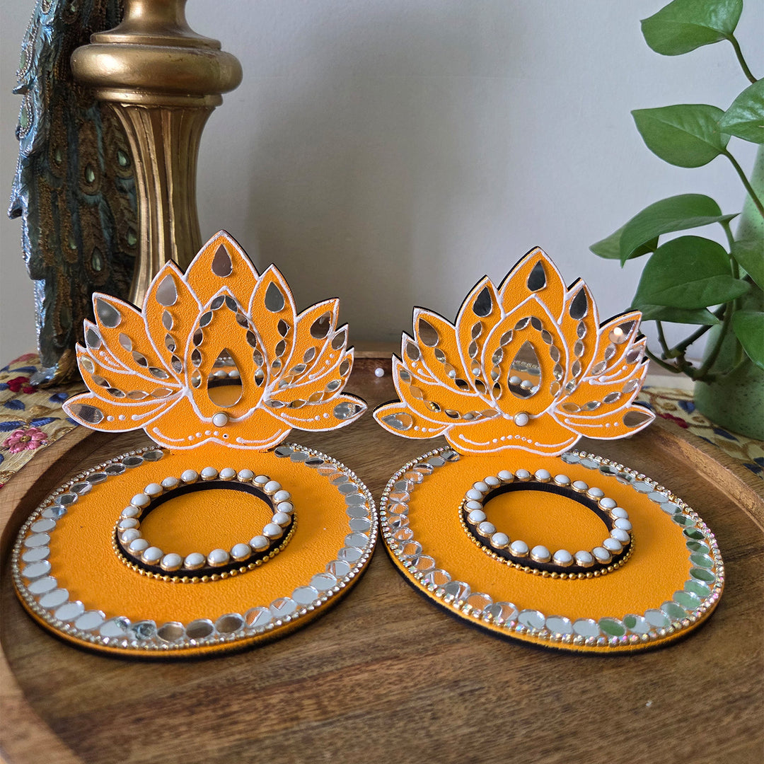 Set of 2 | Handcrafted Lotus MDF Tealight Holders With Mirror Work For Festive Decor