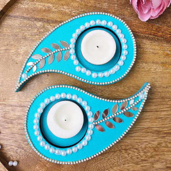 Set of 2 | Handcrafted Paisley Design MDF Tealight Holders For Festive Decor