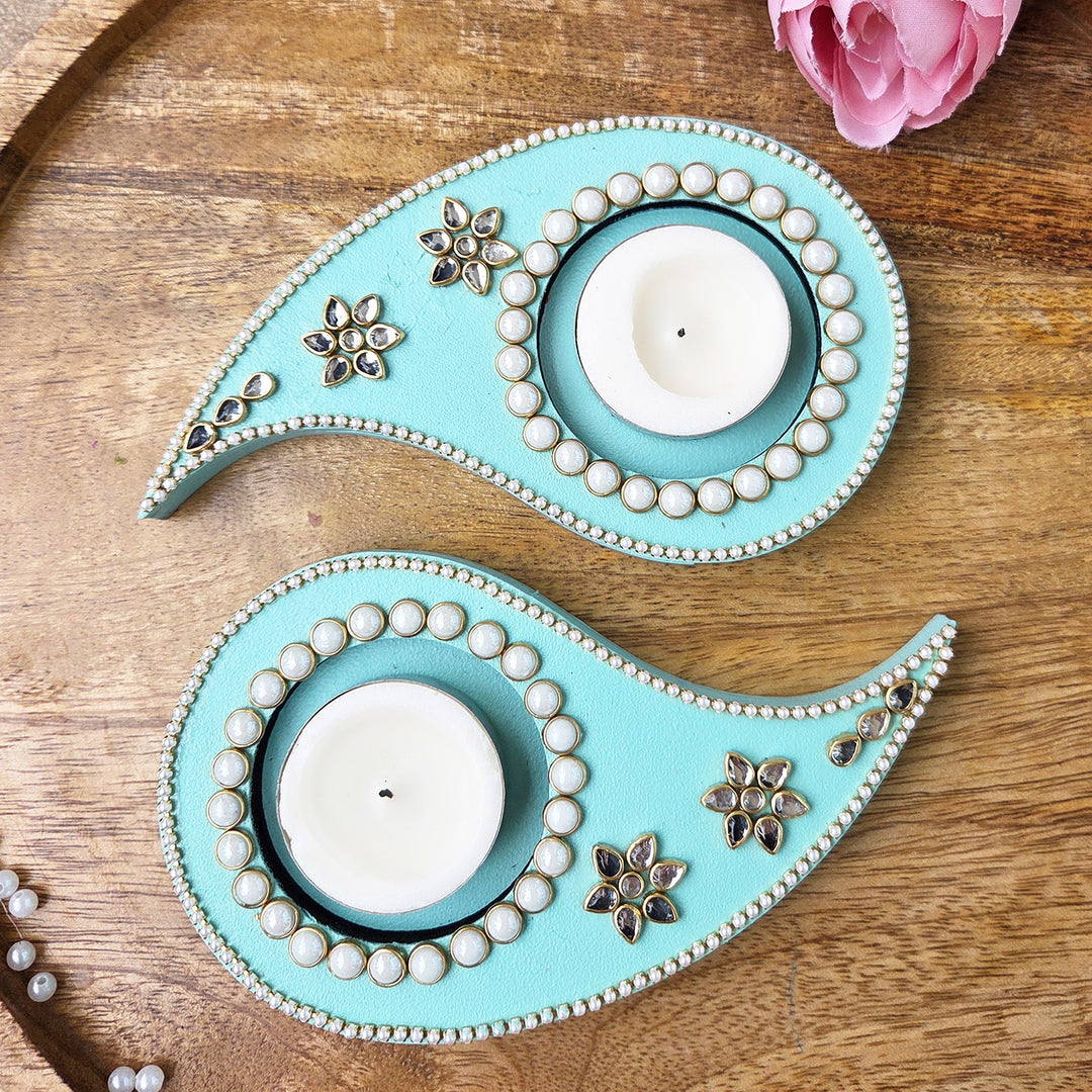 Set of 2 | Handcrafted Paisley Design MDF Tealight Holders For Festive Decor