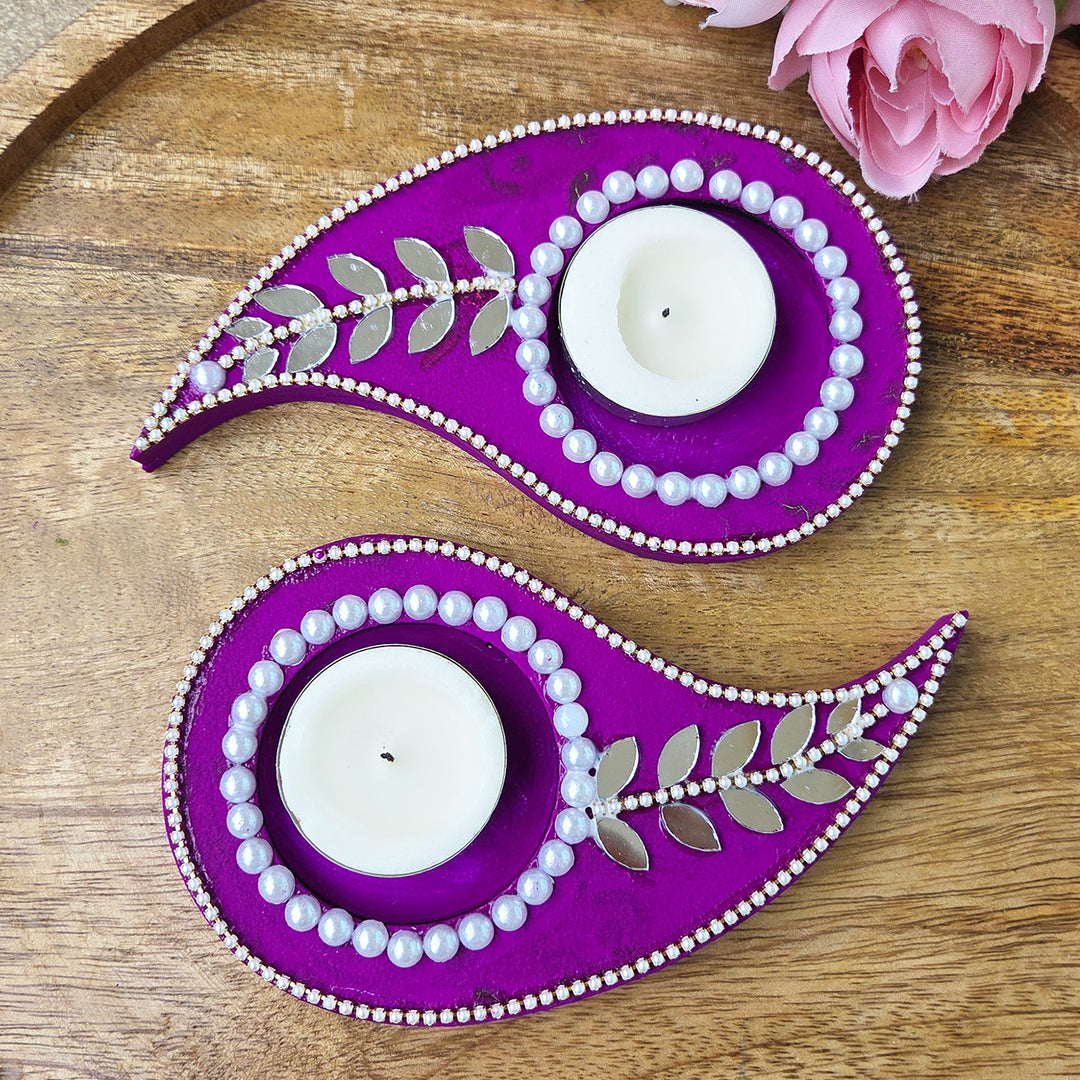 Set of 2 | Handcrafted Paisley Design MDF Tealight Holders For Festive Decor