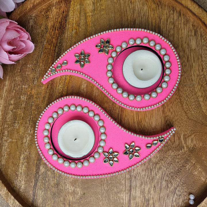 Set of 2 | Handcrafted Paisley Design MDF Tealight Holders For Festive Decor