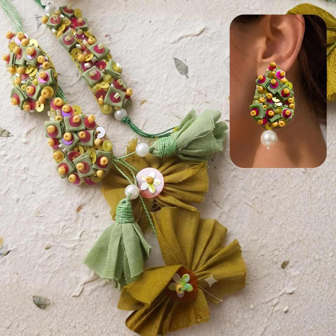 Convertible Earring Lumba Rakhi Set |Hand Embroidered Beaded Pista Sequined Bhaiya Bhabhi Rakhi With Roli Chawal | Set Of 2