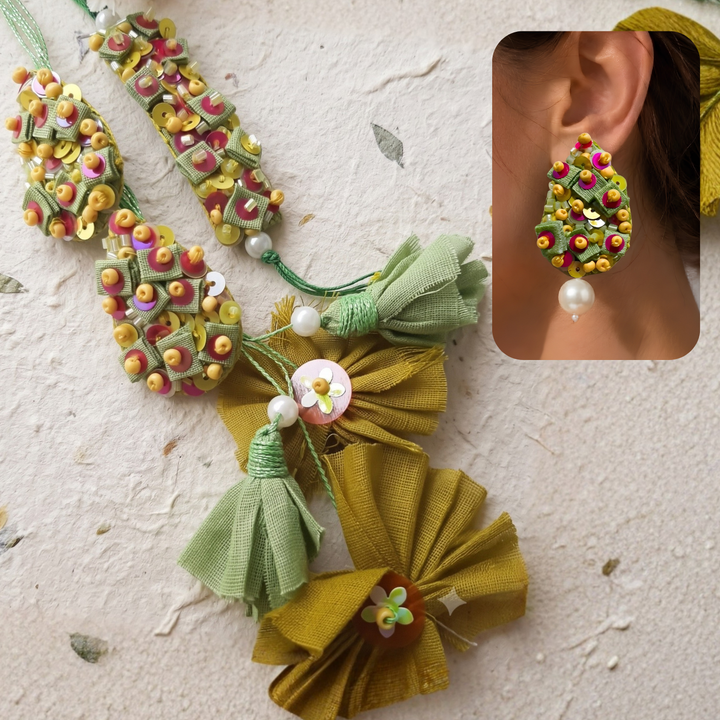 Convertible Earring Lumba Rakhi Set |Hand Embroidered Beaded Pista Sequined Bhaiya Bhabhi Rakhi With Roli Chawal | Set Of 2