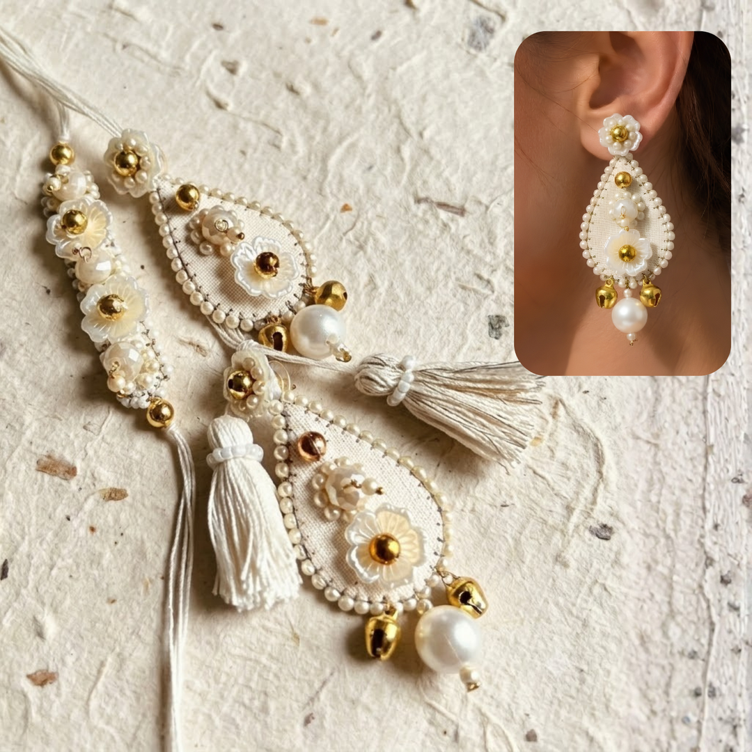 Convertible Earring Lumba Rakhi Set |Hand Embroidered Beaded Ivory Sequined Bhaiya Bhabhi Rakhi With Roli Chawal | Set Of 2