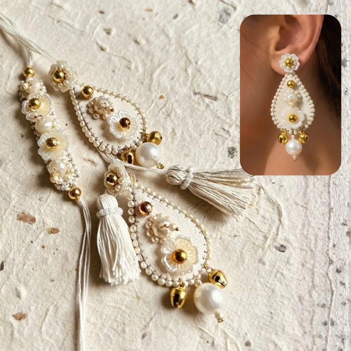 Convertible Earring Lumba Rakhi Set |Hand Embroidered Beaded Ivory Sequined Bhaiya Bhabhi Rakhi With Roli Chawal | Set Of 2