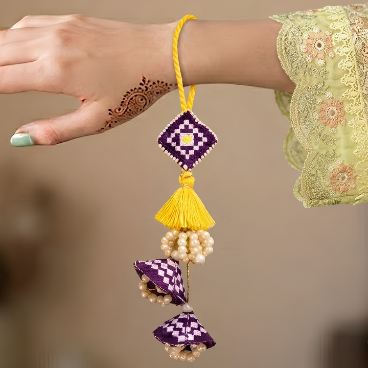 Handcrafted Pearl, Tassel & Thread Work Cheed Light Lumba Rakhi for Bhabhi - Violet