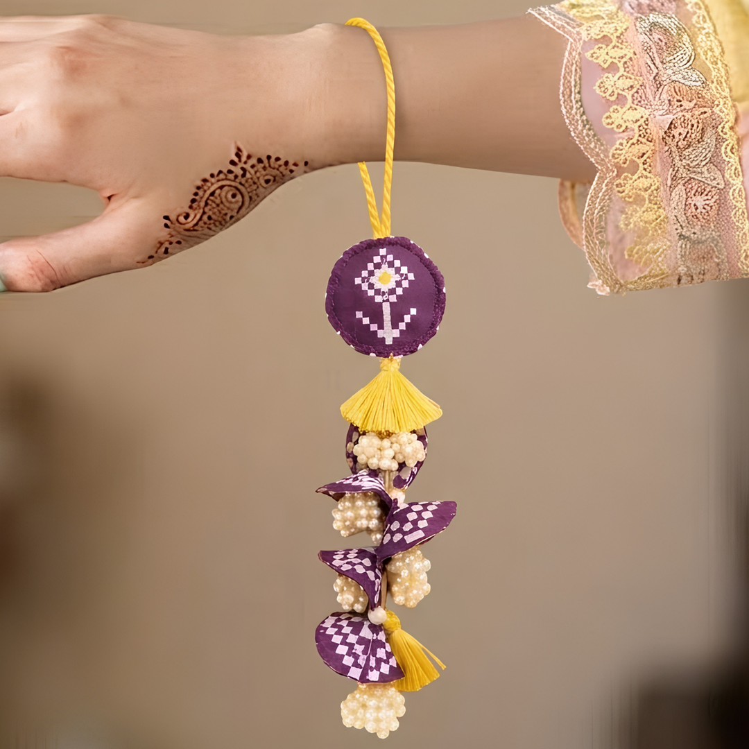 Handcrafted Pearl, Tassel & Thread Work Cheed Heavy Lumba Rakhi for Bhabhi - Violet