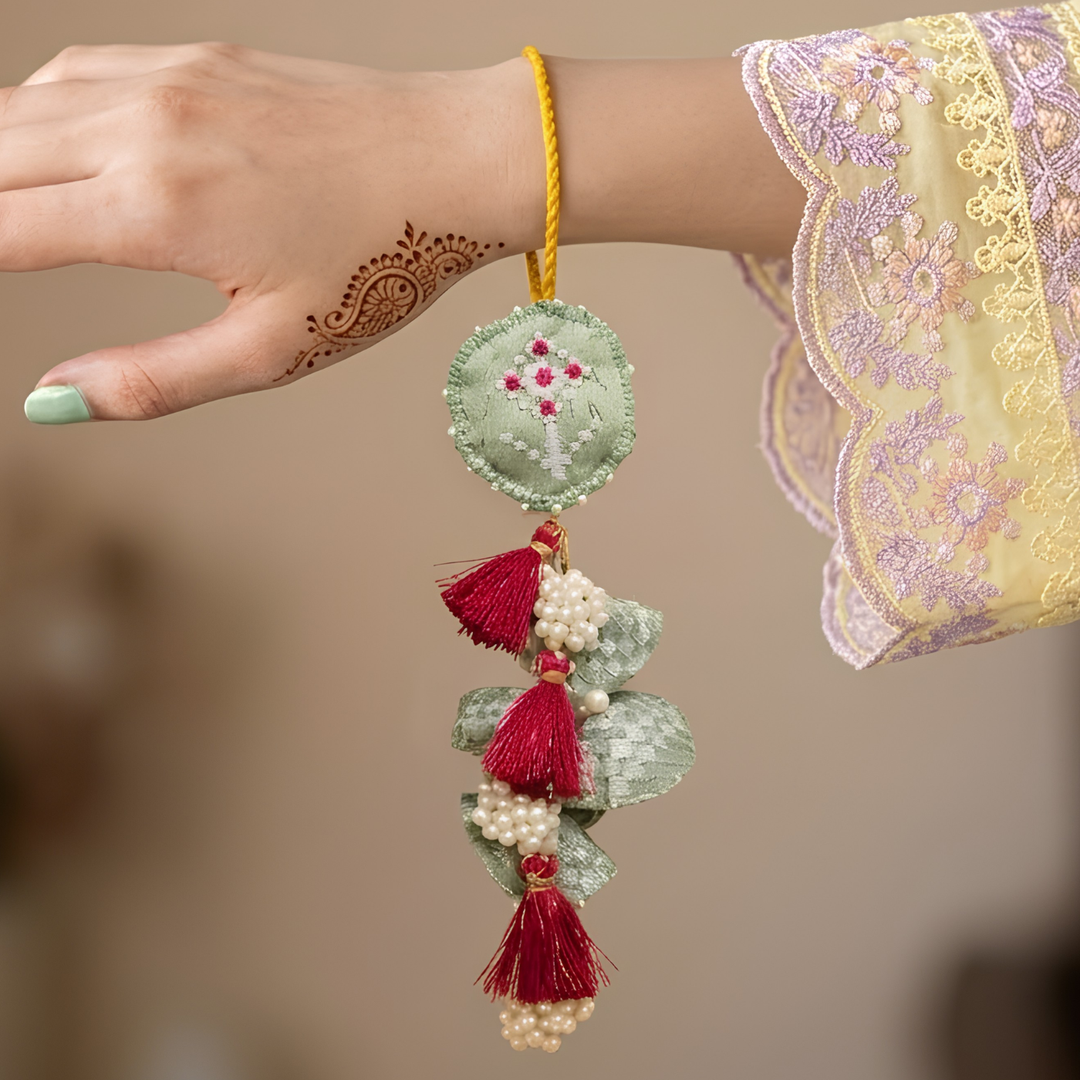 Handcrafted Pearl, Tassel & Thread Work Cheed Heavy Lumba Rakhi for Bhabhi - Mint Green
