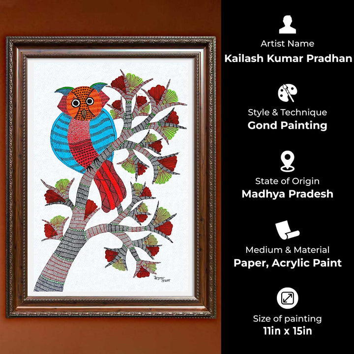 11 x 15 Inch | Owl on a Branch | Original Hand painted Tribal Gond Art Painting | Acrylic Paints On Paper
