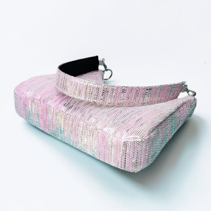 Pink and Silver Striped Upcycled Plastic Handcrafted Baguette Handbag