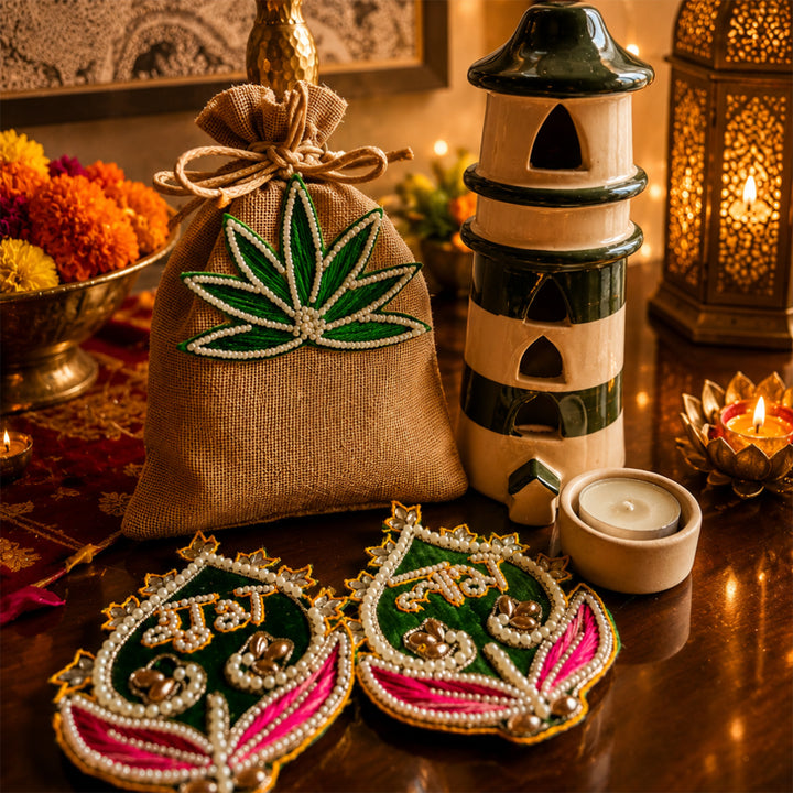 Shubh Labh Green Tealight Home Diwali Gift Hamper With Potli And Mata Laxmi Charan For Festive Gifting