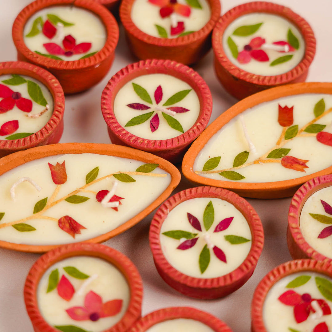 Set Of 14 | Handmade Soy Wax & Dry Flower Assorted Festive Diyas