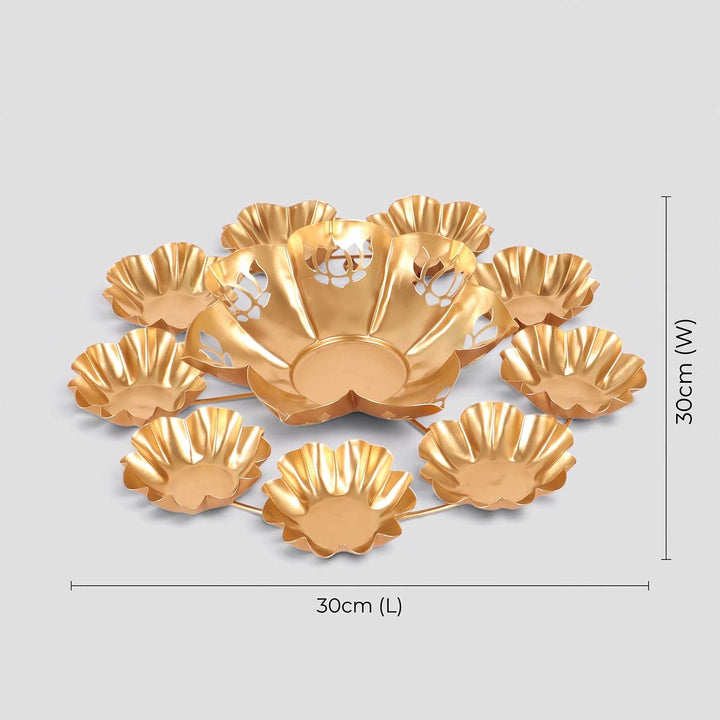 Handmade Etched Kamal Cut Flower Urli With 9 Tealight Holders Around For Festive Decor