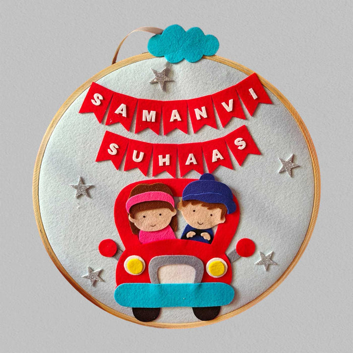 Personalized Handmade Brother And Sister In Car Felt Hoop Name Plate For Siblings - Front View Hanging Personalized Names