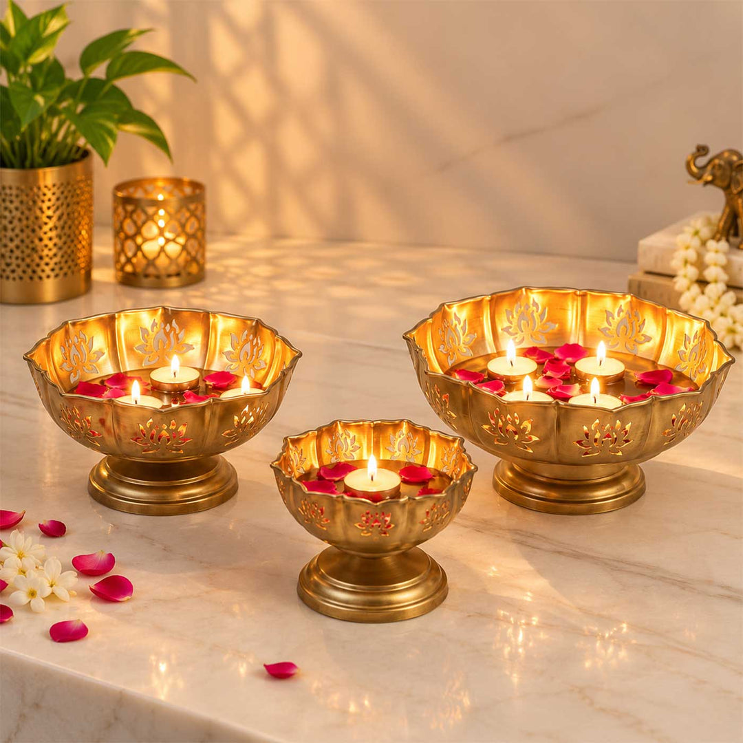 Set of 3 | Handmade Detachable Etched Lotus Cut Bowl Urli With Base For Festive Decor