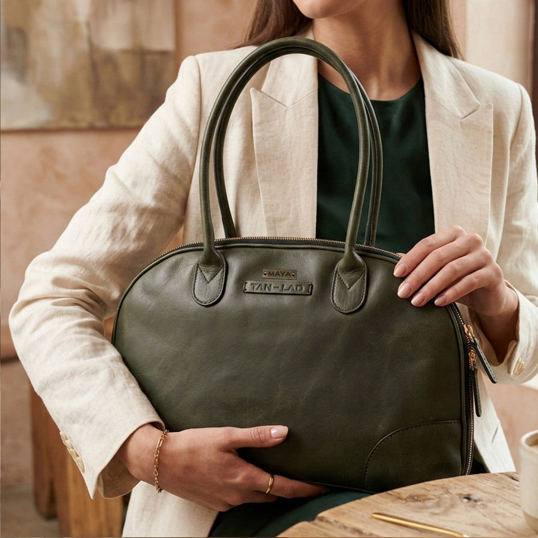 Personalized Large Green Brooklyn Leather Shoulder Bag