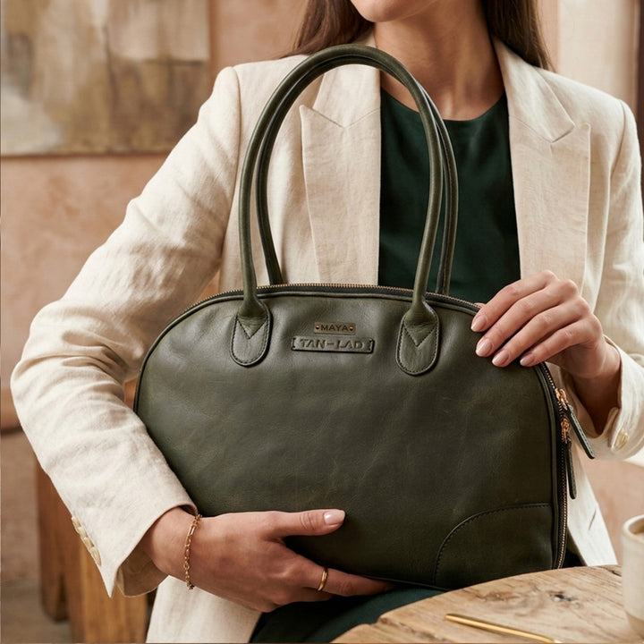 Personalized Large Green Brooklyn Leather Shoulder Bag