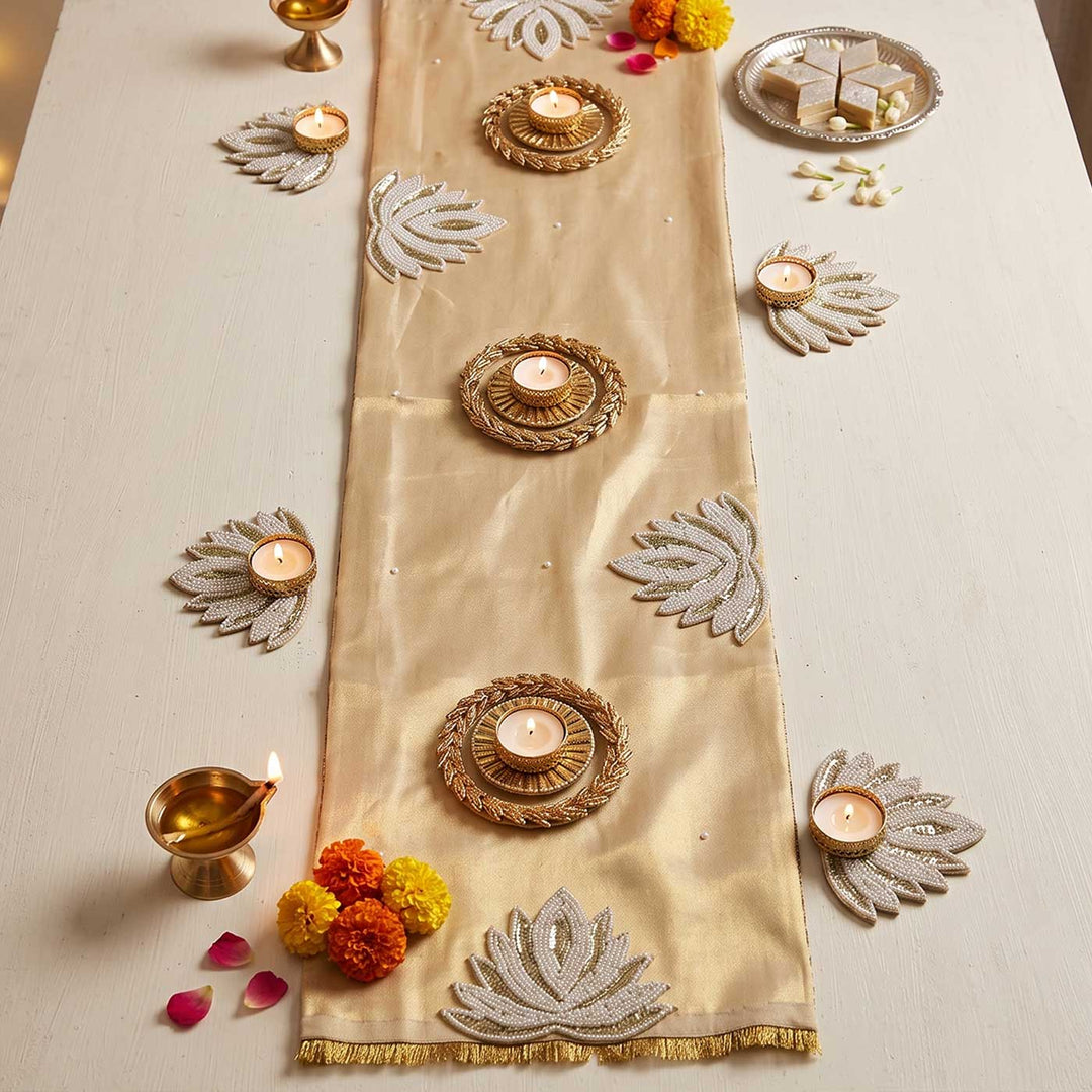 Handcrafted Reversible Gota Patti & Patchwork Thai Silk Gold Table Runner With Removable Tealight Holders