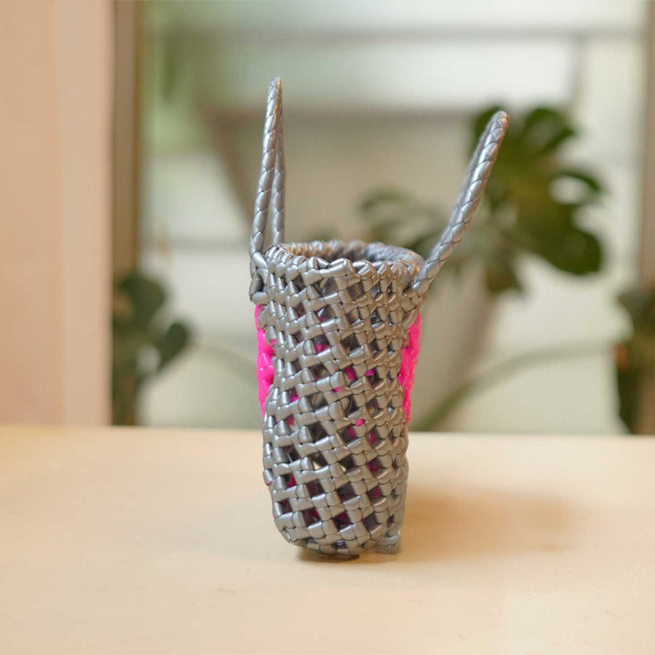 Handwoven Grey Small Plastic Wire Koodai Bag With Pink Heart Motif For Festive Return Gifts