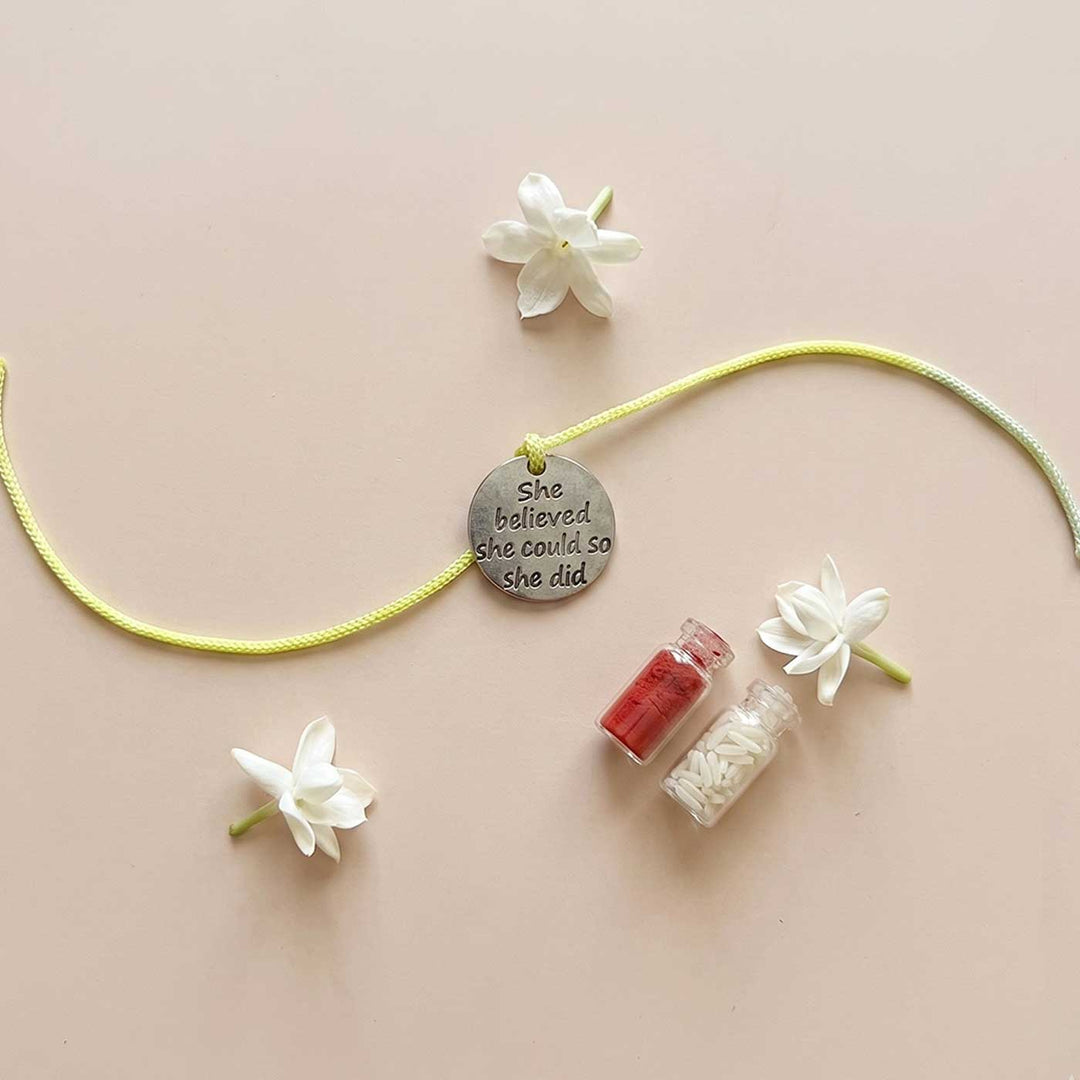 Engraved "She Believed She Could So She Did" Quote Metal Charm Rakhi With Roli Chawal for Brother