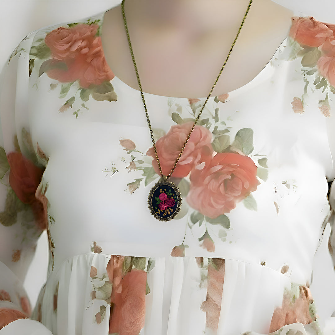 Hand Embroidered Black Soil Bloom Antique Finish Necklace