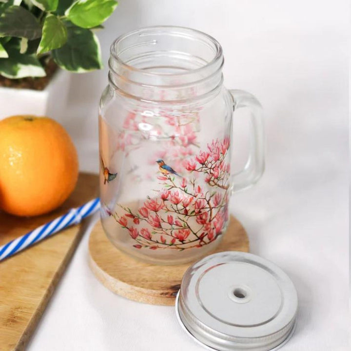 Botanical Print Mason Jar with Metal Lid & Straw | 500 ml