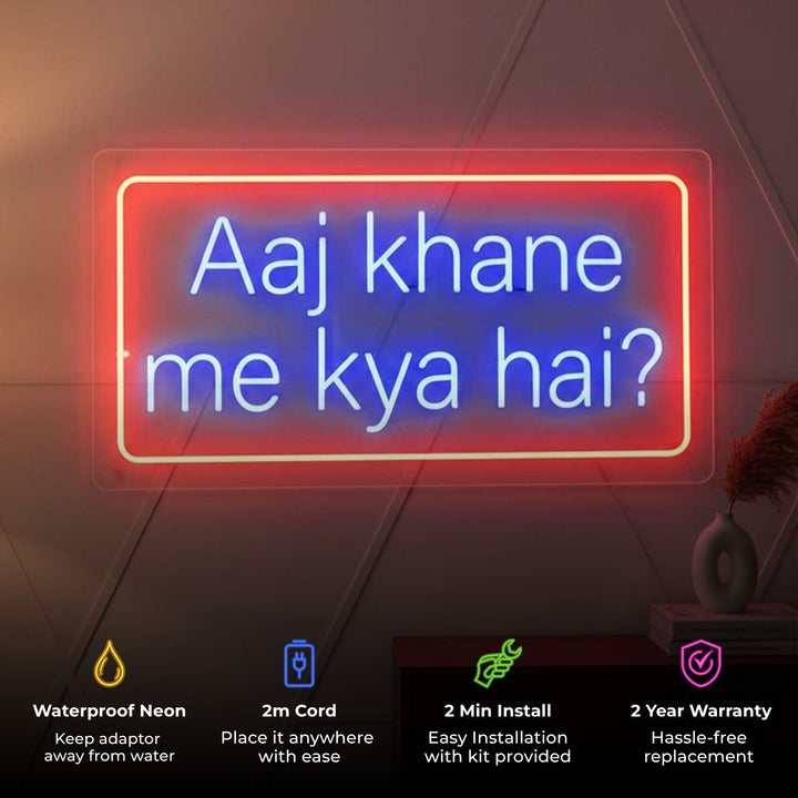 Personalized "Aaj Khane Me Kya Hai" Neon Light Sign Board For Kitchen And Dining Decor