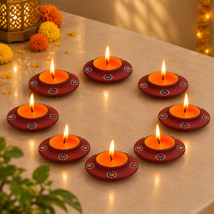 Set of 8 | Natural Finish Hand-Painted Terracotta Disc Diya Tealight Holders For Festive Decor
